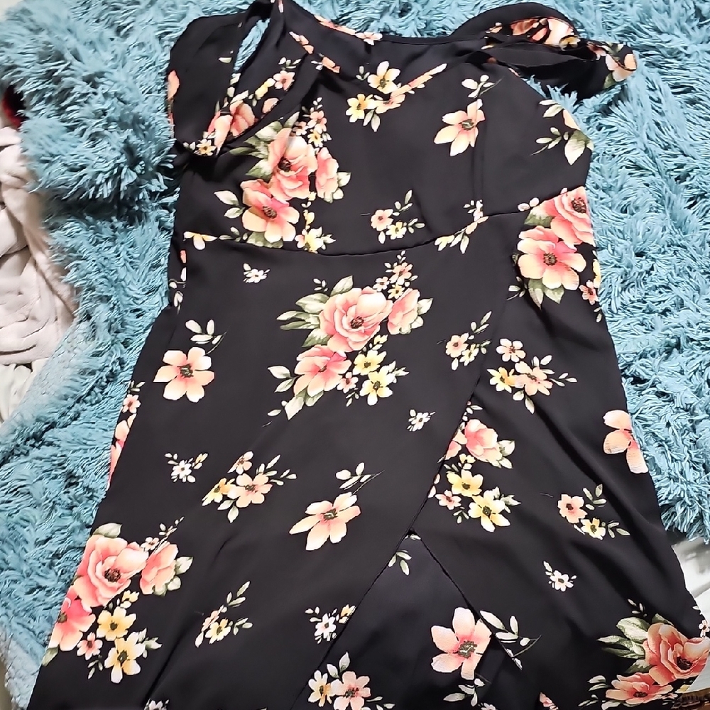 Floral Black Dress with Pink and White Flowers